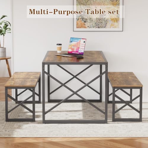 VECELO 55" Kitchen Dining Table Set for 4, Heavy-Duty Steel Frame & Wood-Grain Tabletop, Space-Saving Dinette Sets with 2 Benches for Breakfast Nook and Small Space, Brown