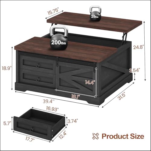 Itaar 39.4'' Lift Top Coffee Table with Storage, Farmhouse Coffee Tables for Living Room, Square Coffee Table with Large Hidden Compartment & 2 Drawers & Adjustable Shelves, Black+Walnut