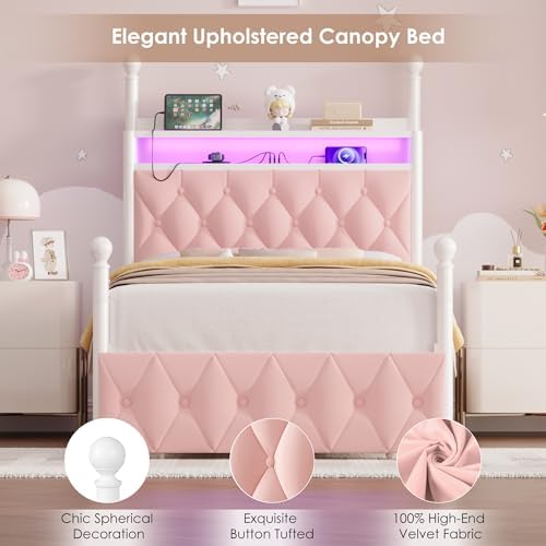 HIFIT Twin Size LED Canopy Bed Frame with Storage & Charging Station, Pink