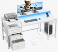 Furologee 60" White Computer Desk with 4 Drawers, Power Outlet, LED Lights