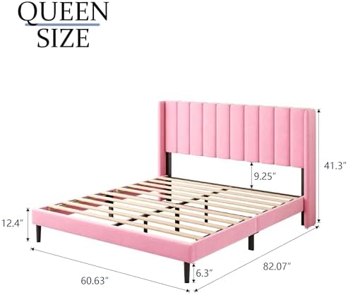 Gruwans Queen Size Bed Frame with Upholstered Wingback Headboard, Easy Assemnly Platform Bed, Wooden Slat Support No Box Spring Needed, Pink Velvet