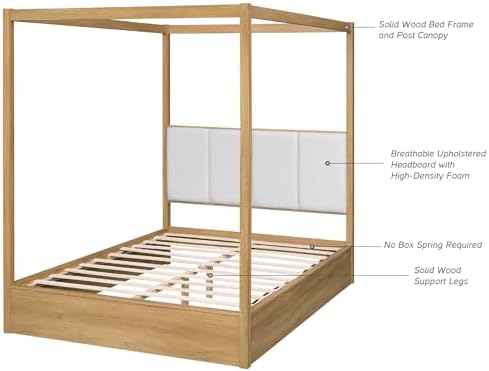 WAMPAT Wood Canopy Bed Frame Queen Size, Oak Bed w/Solid Wood Posters