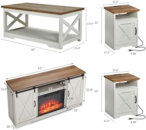 AMERLIFE Living Room Furniture Set, 63" White TV Stand with Fireplace