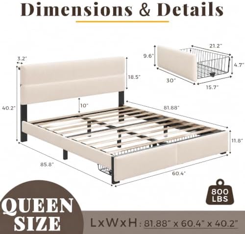 Queen Bed Frame with 2 Storage Drawers, Beige Velvet Upholstered