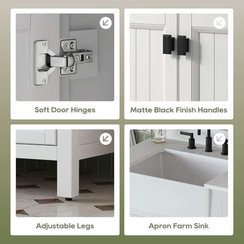30 Inch Bathroom Vanity with Apron Farm Sink, White | Solid Wood Fully Assembled Bathroom Sink Cabinet, Farmhouse Single Sink Bathroom Vanity with Soft Close Doors, Stone Top
