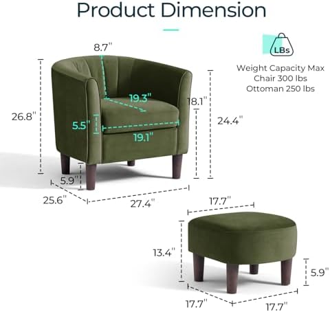 LINSY Accent Chair with Ottoman, Modern Barrel Chair Small Armchair Reading Chair with Footrest, Comfy Round Arms Chair for Living Room Bedroom Reading Room, Velvet, Olive Green