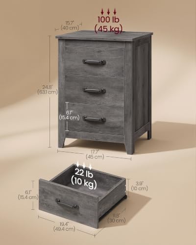 VASAGLE Farmhouse Nightstands Set of 2, with Charging Station, 3 Drawers
