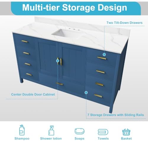 Montary 60" Bathroom Vanity with Sink & 61" Carrara Quartz Top | with 3 Pre-Drilled Faucet Holes, Solid Wood Cabinet, Soft-Close Double Doors & 9 Smooth-Glide Drawers,Blue