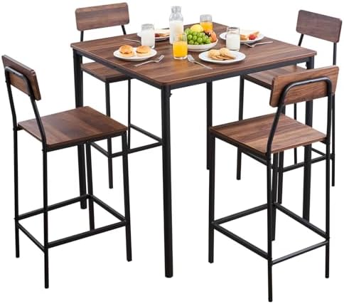 VEVOR Bar Table and Chairs Set, 5PCS 35″ Bars Tables Set with Rounded Edge Design, Square Pub Table with Four Stools for Living Room, Dining Room, Kitchen, Walnut Color, Black