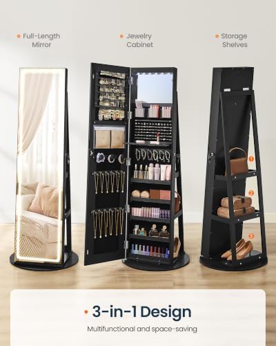 SONGMICS HOME LED Standing Jewelry Armoire, Vanity Mirror with Storage | Full Length Mirror with Lights, Lockable Large Jewelry Box, Space-Saving Jewelry Organizer, Gift Idea, Black UJJC008B01SH