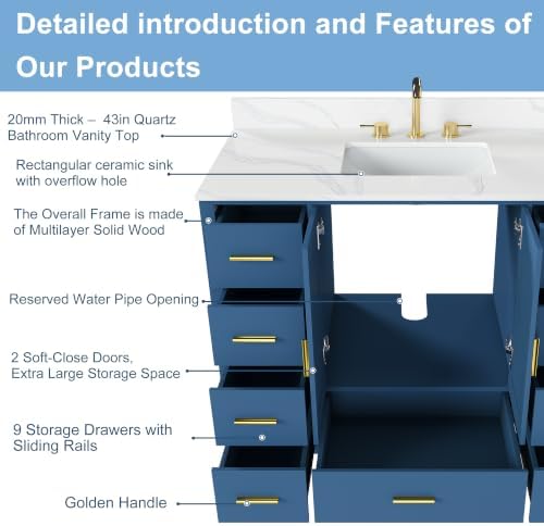 Montary 42" Bathroom Vanity with Sink & 43" Carrara Quartz Top | with 3 Pre-Drilled Faucet Holes, Solid Wood Cabinet, Soft-Close Double Doors & 9 Smooth-Glide Drawers,Blue