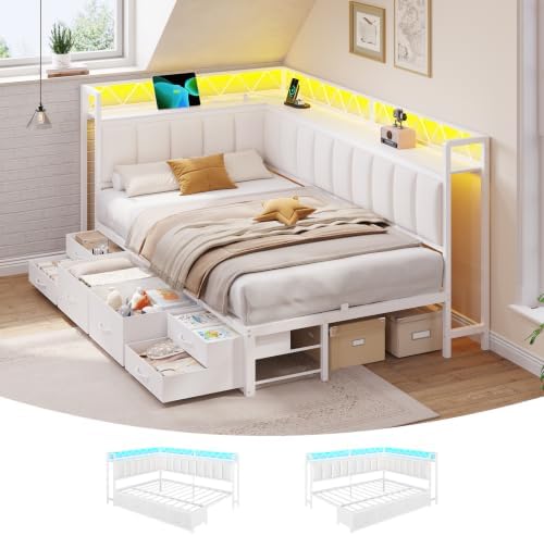 Twin Corner Bed Frame with 6 Storage Drawers, Charging Station & Led Lights