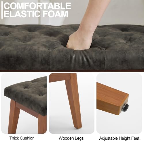43.5" Padded Button Tufted Faux Leather End of Bed Bench, Charcoal Gray