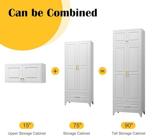 SteeLoong 90" Metal Storage Cabinet with Doors and 3 Adjustable Shelves | Kitchen Pantry Cabinet with 3 Drawers,White Kitchen Cabinet with 4 Gold Handles,Food Cupboard for Livingroom,Pantry, Bathroom