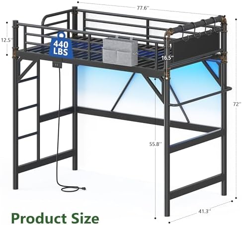 Twin Size Loft Bed with LED Lights and Charging Station, Industrial Heavy Duty Metal Loft Bed Frame with Ladder and Guardrail for Kids Adults, Small Space Saving Design for Bedroom Dorm, Black