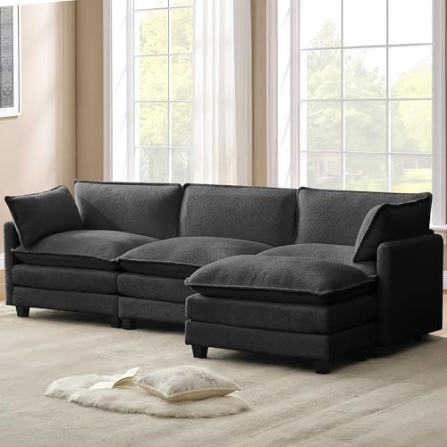 ROWHY 112'' Modular Sectional Cloud Couch with Movable Ottoman, 4 Seat Modern Chenille Sofa, Deep Seat L Shaped Couch for Living Room Bedroom Apartment, Grey