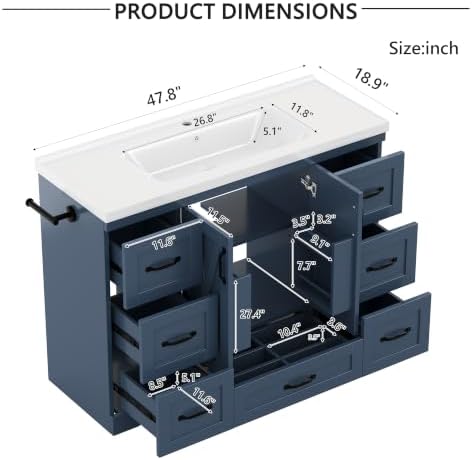 YOPTO 48" Bathroom Vanity with Sink, Freestanding Bathroom Cabinet | Ceramic Top & Backsplash, 7 Storage Drawers, X-Shaped Doors, Adjustable Shelving, Door Storage and Towel Bar, Navy Blue