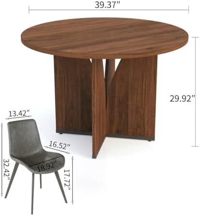 HIPIHOM Modern Round Dining Table Set for 2, 39.4" Walnut Kitchen Table with 2 PU Leather Chairs, 3-Piece Mid-Century Dining Room Set for Small Spaces, Pedestal Base & Ergonomic Padded Chairs