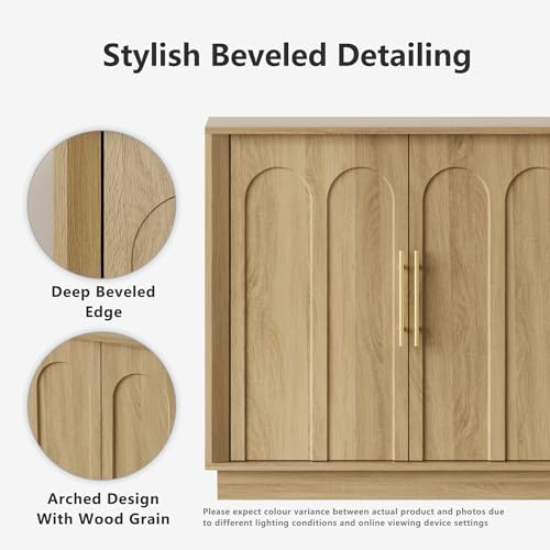 FORTUNETEC 67" Sideboard Buffet Cabinet with Storage, Arched Doors, Oak