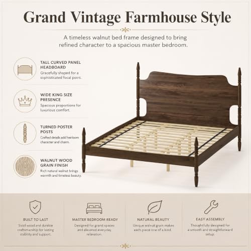 King Farmhouse Wood Platform Bed Frame with Headboard, Walnut Poster Bed