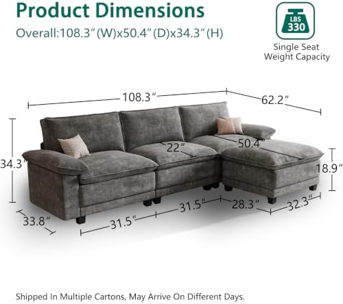 108" Modular Sectional Couch, L Shaped Cloud Sofa for Living Room