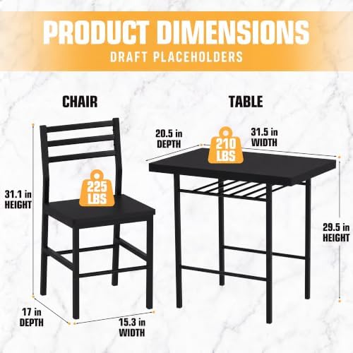 JUMMICO 3-Piece Wooden Rectangular Table & Chair Set for 2, Black