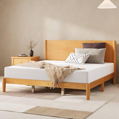 AMERLIFE Solid Wood King Bed Frame, Mid Century Bed with Headboard, Natural