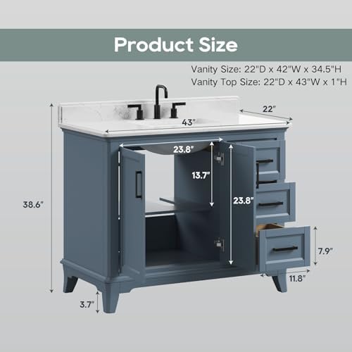 42 Inch Bathroom Vanity with Sink, Solid Wood, Steel Blue | Freestanding Single Sink Bathroom Vanity, Fully Assembled Bathroom Storage Cabinet with Soft Close Doors & Dovetail Drawers
