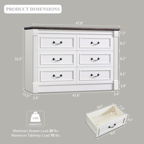 Aitjunz Farmhouse 47'' Wide 6 Drawer Dressers for Bedroom, Antique White