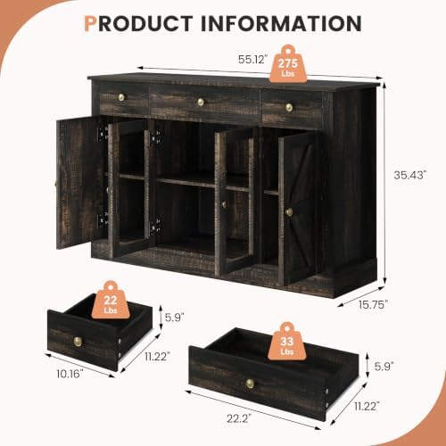 4 EVER WINNER 55" Large Coffee Bar Cabinet with 4 Doors and 3 Drawers, Buffet Cabinet with Plexiglass Doors, Kitchen Cabinet with Adjustable Shelves for Dining Room, Rustic Oak