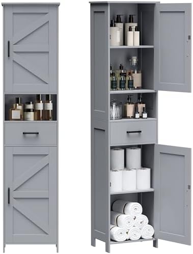 Homhedy 67" H Tall Bathroom Storage Cabinet with Barn Doors and Drawer | Narrow Storage Unit with Adjustable Shelves, Floor Cabinet for Bathroom, Living Room, Entryway or Kitchen, Gray, 15.7" W