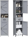 Homhedy 67" H Tall Bathroom Storage Cabinet with Barn Doors and Drawer | Narrow Storage Unit with Adjustable Shelves, Floor Cabinet for Bathroom, Living Room, Entryway or Kitchen, Gray, 15.7" W