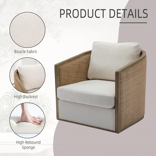 Anwick Brown Swivel Barrel Chair & Rattan Accent Chair, Modern Club Chair, Small Chair, Corner Chairs & Reading Chair for Bedroom, Living Room, Reading Nook, Adults (Beige Boucle)