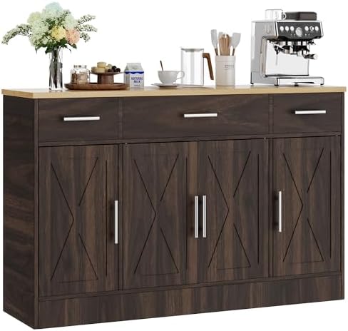 Shintenchi Buffet Cabinet with Storage,53.4" Large Kitchen Storage Cabinet with 3 Drawers and 4 Doors,Wood Farmhouse Buffet Sideboard with Adjustable Shelf for Kitchen Living Room, Brown