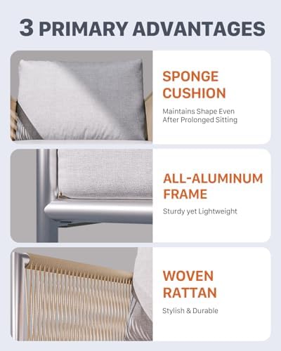 ZANDOR Aluminum Outdoor Patio Furniture 2 Pcs Armchair, All-Weather Metal Modern Outside Furniture with Washable Thick Cushion, HDPE Woven Rope Rattan Bistro Sofa Chair, Garden/Backyard/Porch, Silver