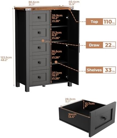 VVFLU Farmhouse White Dresser for Bedroom with 4 Drawers and 2 Barn Doors, Black Wood Chest of Drawers 47 Inch Wide, Large, Long, Adjustable Shelves, 5 Legs, Living Dining Room, Entryway, Hallway