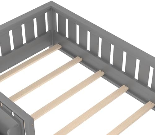 Bellemave Twin Size Montessori Floor Bed with Rails and Slats, Twin Size Floor Bed with Bookshelf and Fence, Low Profile Montessori Beds Frame for Girls, Boys, White