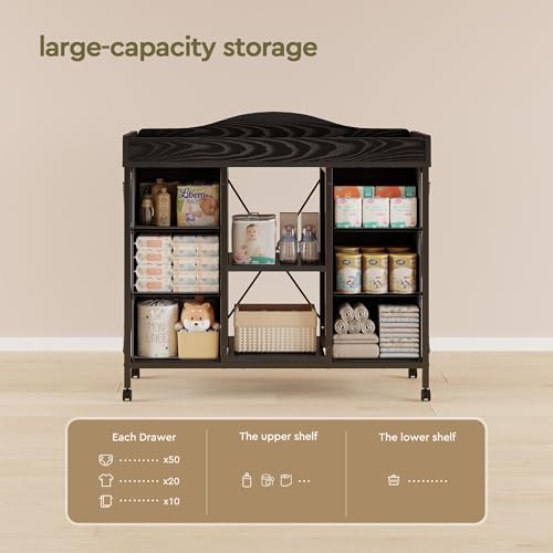 YeTom Changing Table, 6-Drawer Dresser, Adjustable Shelves, Mobile, Black