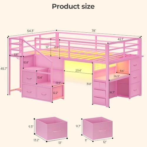BTHFST Low Loft Bed Twin with Desk, Stairs, 6 Storage Drawers, Pink
