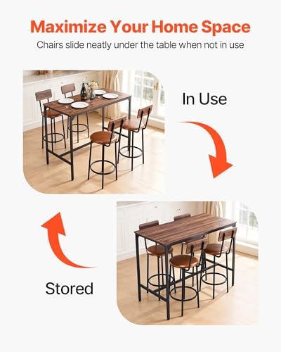 VEVOR Bar Table and Chairs Set, 5PCS 47.2″ Bars Tables Set with Rounded Edge Design, Rectangular Pub Table with Four Stools for Living Room, Dining Room, Kitchen, Walnut Color, Black