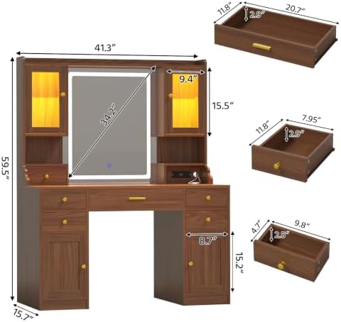 Vanity Desk with LED Mirror and Lights, Makeup Vanity with RGB Cabinets | Vanity Table with Charging Station and 6 Storage Drawers, Adjustable 3 Mode Mirror Lights, Bedroom Dressing Table for Women