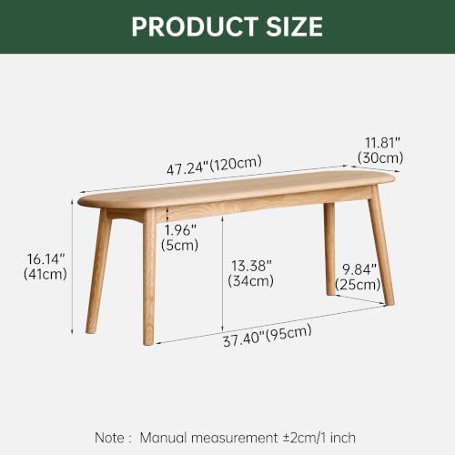 100% Solid Oak Dining Bench, Wood Bench for Bedroom End of Bed with Rounded Corners, Entryway Benches for Dining Room, Kitchen, Living Room (Natural Oak, 47.2")