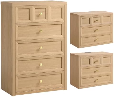 3-Piece Bedroom Set, 5 Drawer Tall Dresser and 3 Drawer King Size Nightstands Set of 2 with Charging Station, 3 Piece Farmhouse Wood Bedroom Dresser and Nightstand Sets, Natural