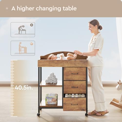 Yetom Changing Table, 3 Drawers&2 Shelves, Changing Table Dresser, Brown
