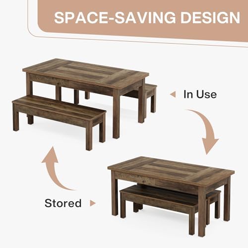 Tribesigns Farmhouse Kitchen Table Set for 4-6, 55-Inch Wooden Dining Table with 2 Benches, Space Saving 3 Pieces Heavy Duty Dinette for Dining Room, Kitchen, Small Space (Wood Hemp)