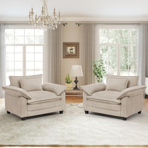 Oversized Accent Chairs Set of 2,44" Modern Living Room Chairs,Chenille Upholstered Armchair with Extra Thick,Comfy Cloud Sofa Chairs Side Chairs Reading Chairs for Bedroom Apartment,Khaki