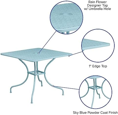 Flash Furniture 35.5" Square Patio Table with Umbrella Hole, Sky Blue