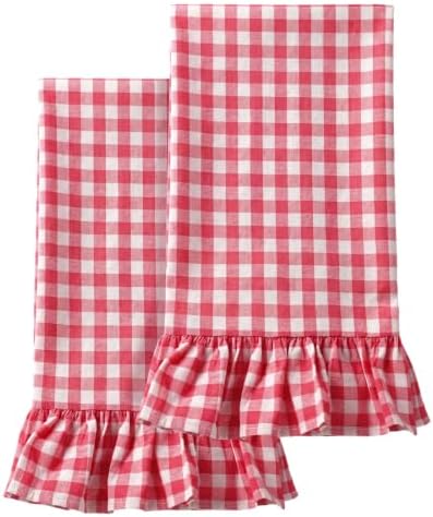 HunnmingRe 2 Pcs Watermelon Pink Gingham Kitchen Towels Cotton Ruffled