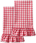 HunnmingRe 2 Pcs Watermelon Pink Gingham Kitchen Towels Cotton Ruffled