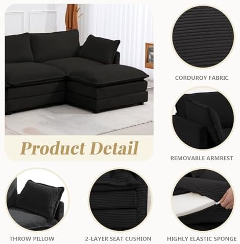 ROWHY 112'' Modular Sectional Cloud Couch with Movable Ottoman, 4 Seat Modern Corduroy Sofa, Deep Seat L Shaped Couch for Living Room Bedroom Apartment,Black